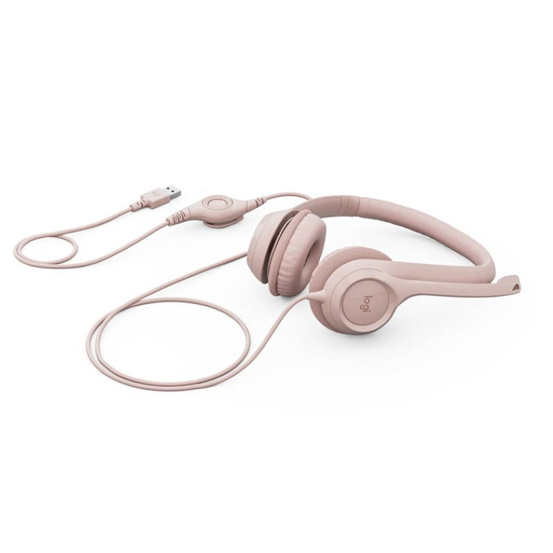 Logitech H390 USB headset in rose color, featuring noise-canceling mic, in-line controls, and comfort for audio calls and music.