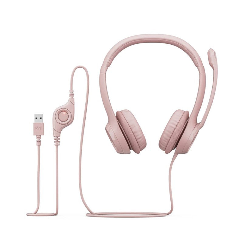 Logitech H390 USB headset in rose color, features noise-canceling mic, plug-and-play USB, and comfortable ear-cup design.