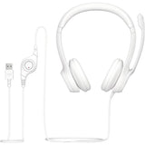 Logitech H390 USB Wired headset in Off White, featuring noise-cancelling mic, plush ear pads, and in-line audio controls.