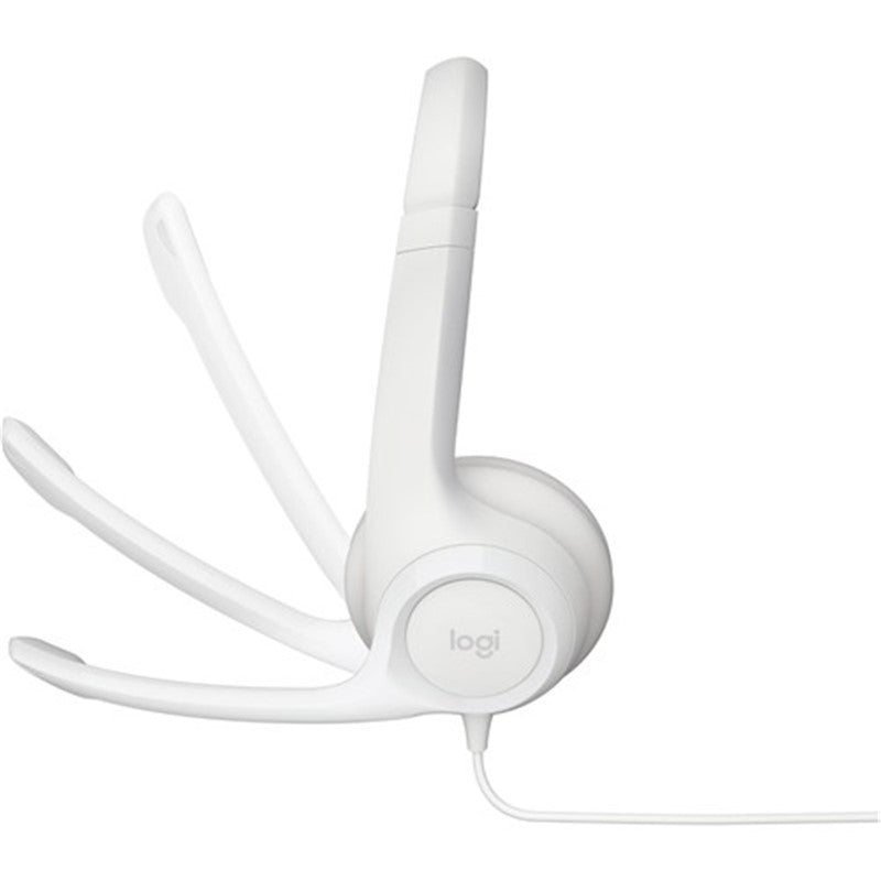 Off White Logitech H390 USB Wired Headset with noise-cancelling mic, plush ear pads, and in-line controls for comfort and clarity.