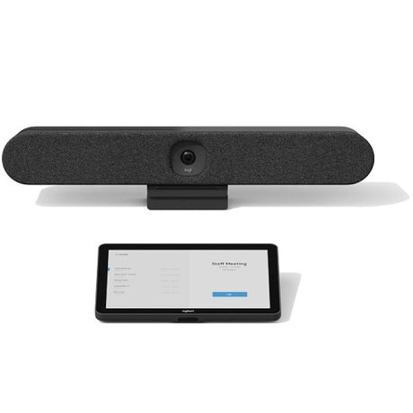 Logitech Rally Bar Huddle plus TAP IP Bundle, sleek graphite video conferencing solution for huddle rooms, supports 4K video.