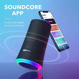 Portable waterproof speaker with 360° sound, light show, and IPX7 rating; perfect for outdoor parties and gatherings.