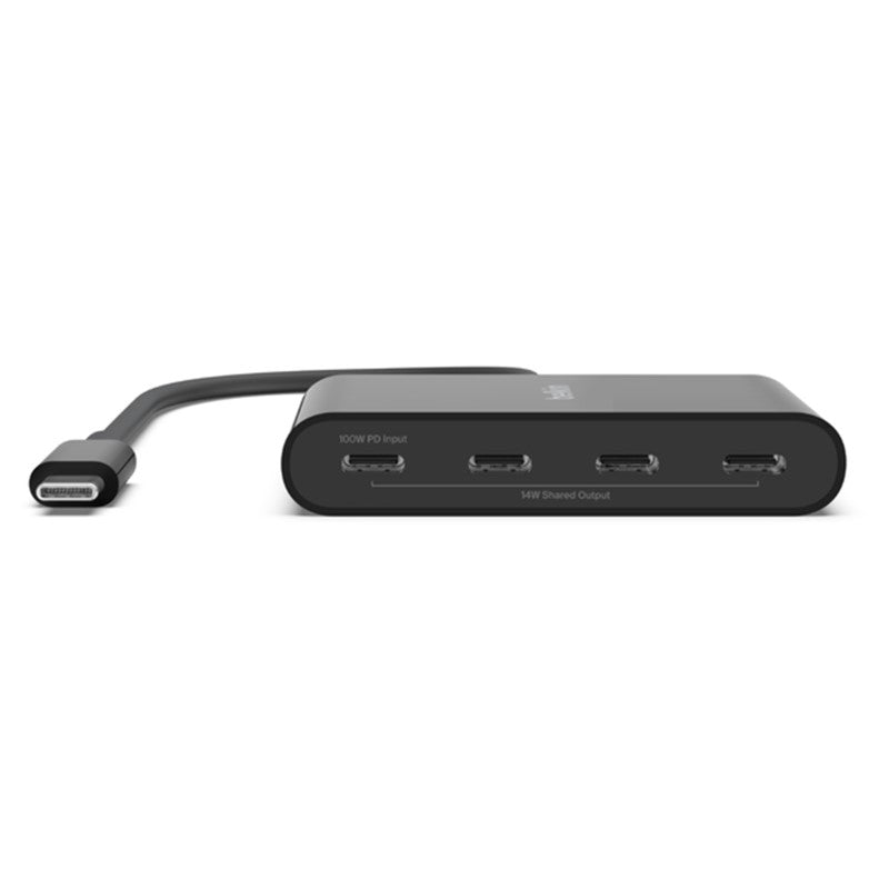 Belkin USB-C to 4-port hub with USB 3.2 Gen 2 technology for fast data transfer, compatible with multiple devices.