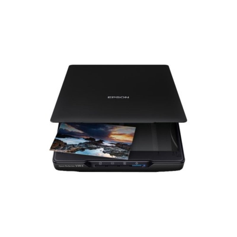 Epson Perfection V39II scanner with 4800 dpi resolution, ideal for preserving photos and documents with ease and clarity.