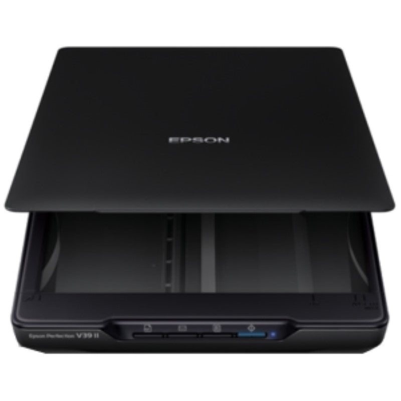 Epson Perfection V39II flatbed scanner, 4800 dpi, ideal for photos and documents, features Easy Photo Fix and USB power.