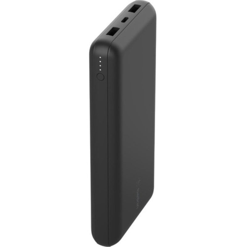 Belkin BoostCharge 20,000 mAh portable charger in black, with USB-C and dual USB-A ports for charging three devices simultaneously.