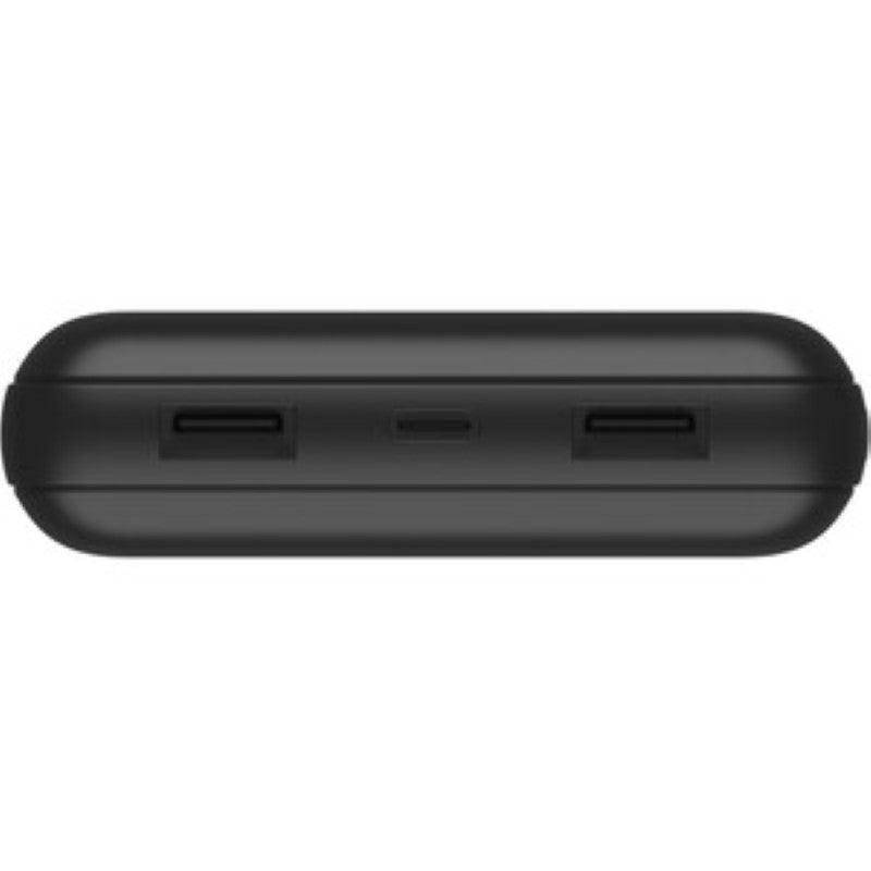 Belkin BoostCharge power bank in black, 20,000 mAh, with one USB-C and two USB-A ports for charging three devices simultaneously.