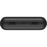 Belkin BoostCharge power bank in black, 20,000 mAh, with one USB-C and two USB-A ports for charging three devices simultaneously.