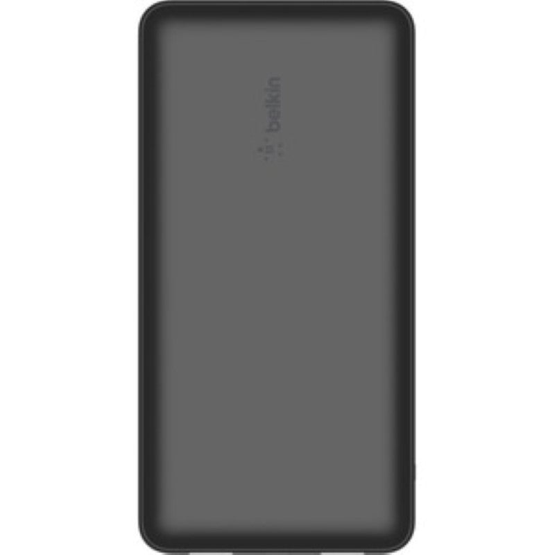 Belkin BoostCharge portable power bank in black, 20,000 mAh, charges up to three devices via USB-C and USB-A ports.