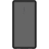 Belkin BoostCharge portable power bank in black, 20,000 mAh, charges up to three devices via USB-C and USB-A ports.