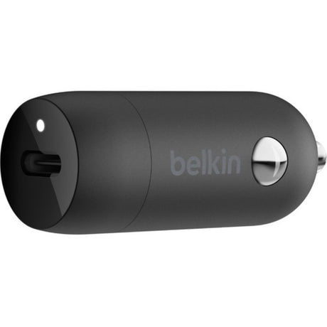 Compact black Belkin BOOSTCHARGE 30W USB-C car charger, features programmable power supply for fast, safe device charging.