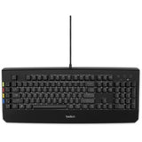 Belkin KVM remote control in black with integrated backlit keyboard and USB interface for secure KVM management and channel selection.