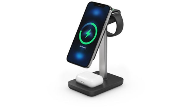 Alogic Journey 3-in-1 Wireless Charging Stand charging an iPhone, Apple Watch, and AirPods simultaneously with sleek black design.