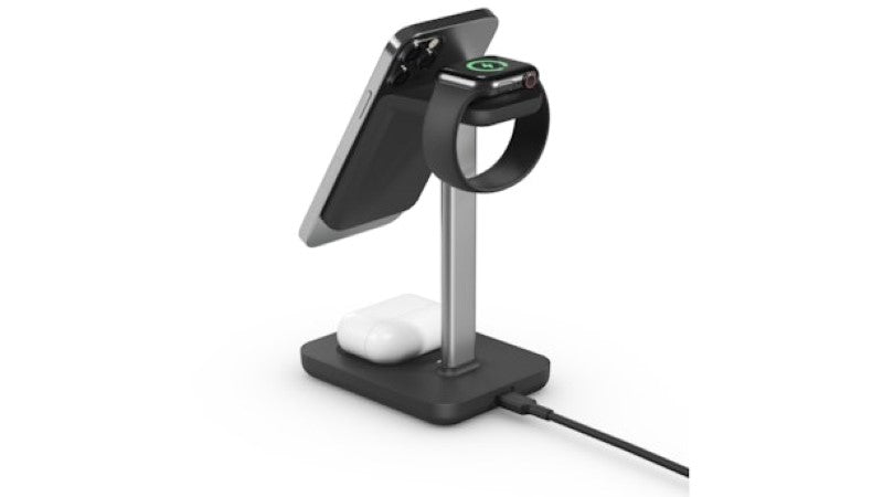 Alogic Journey 3-in-1 Wireless Charging Stand in black, compatible with iPhone, Apple Watch, and AirPods, includes 18W charger.