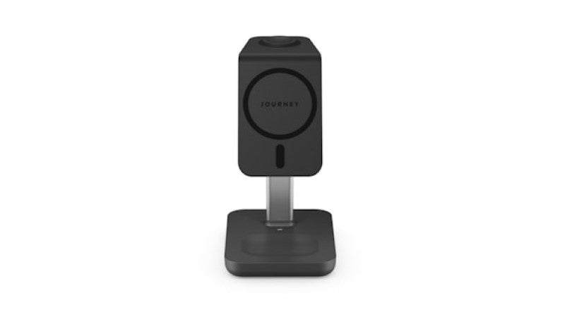 3-in-1 wireless charging stand in black, compatible with iPhone, Apple Watch, and AirPods, featuring MagSafe and quick wall charger.