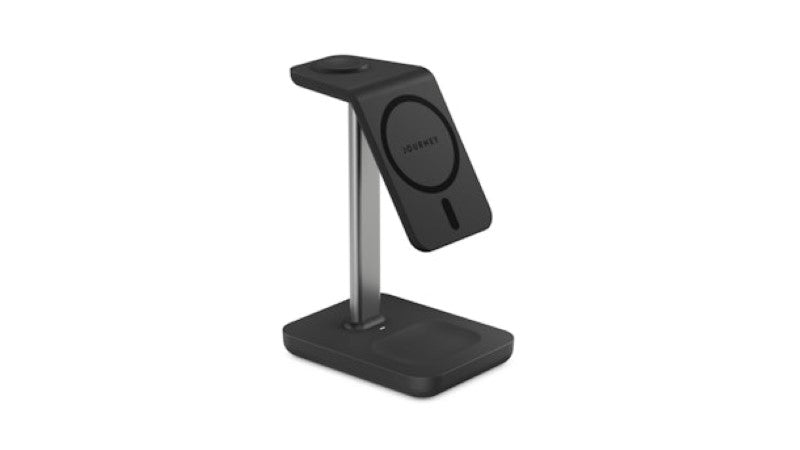 3-in-1 wireless charging stand in black, MagSafe compatible, for iPhone, Apple Watch, and AirPods with integrated fast charger.