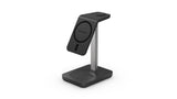 3-in-1 wireless charging stand in sleek black, compatible with iPhone, Apple Watch, and AirPods, includes 18W wall charger.