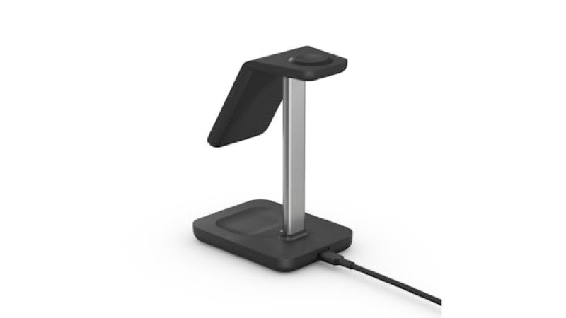 A 3-in-1 wireless charging stand for iPhone, Apple Watch, and AirPods with MagSafe compatibility in sleek black design.