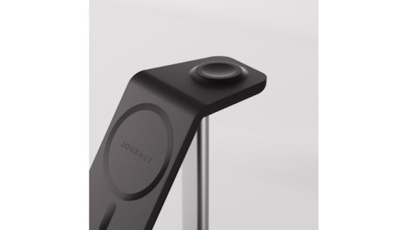 3-in-1 wireless charging stand in sleek black, compatible with iPhones, Apple Watches, and AirPods for fast, convenient charging.