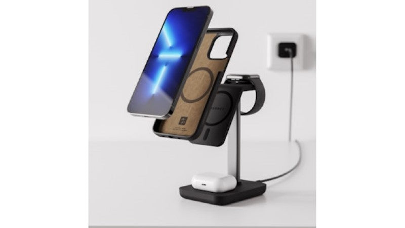 3-in-1 wireless charging stand in black, MagSafe compatible for iPhone, Apple Watch, and AirPods with 18W wall charger.