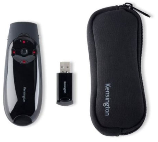 Kensington Presenter Expert with Red Laser: sleek black wireless presenter with cursor control and intuitive four-button design.