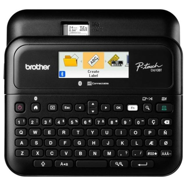 Professional Bluetooth label maker with high-resolution printing, QWERTY keyboard, multiple fonts, and automatic cutter.