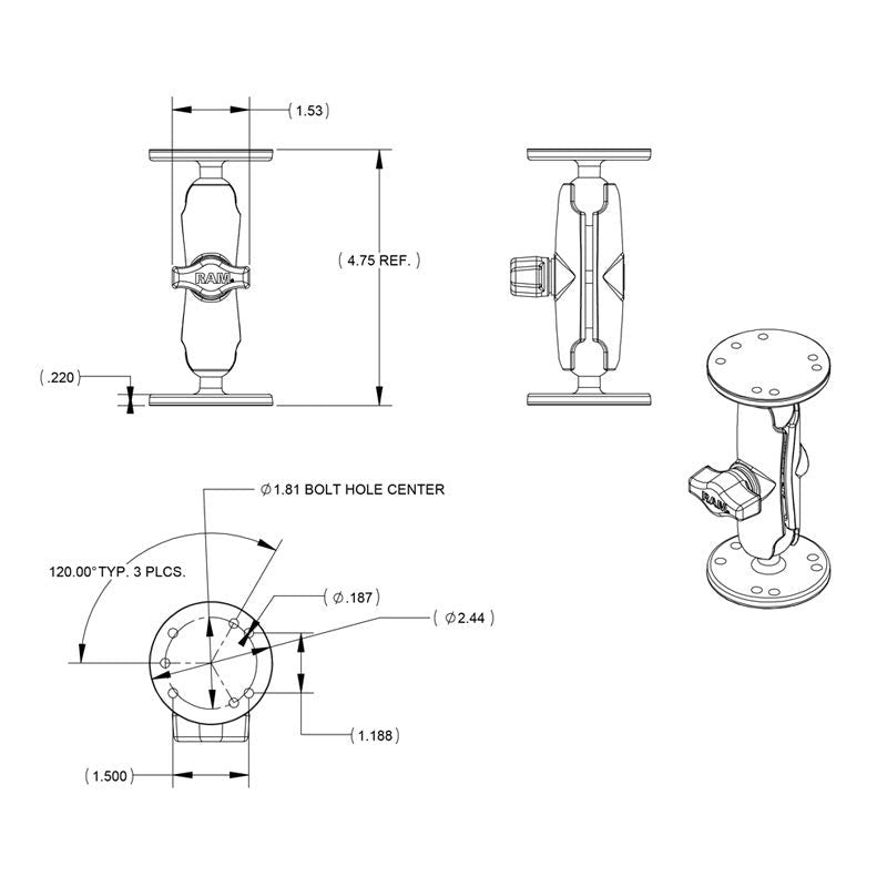 Strike Group RAM 1 BALL MOUNT WITH 2/2.5 ROUND BASES