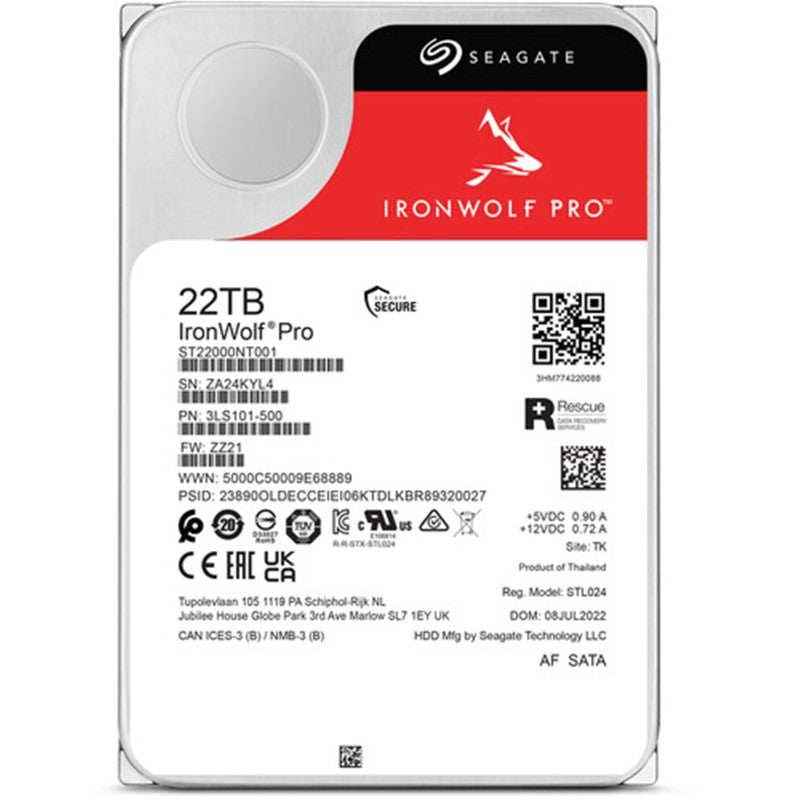 Seagate IRONWOLF 22TB SATA 3.5" internal hard drive for NAS, 7200 RPM, fast data transfer, reliable performance, 5-year warranty.