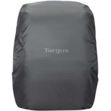 Targus grey travel backpack for 15.6" laptops with ergonomic straps, RFID pocket, rain cover, and drop protection.