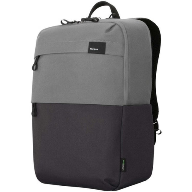 Eco-friendly grey backpack for 15.6" laptops, featuring SafePort protection, multiple pockets, and a hideaway rain cover.