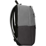 Stylish grey backpack for 15.6" laptops with eco-friendly materials, ergonomic straps, rain cover, and RFID protection.