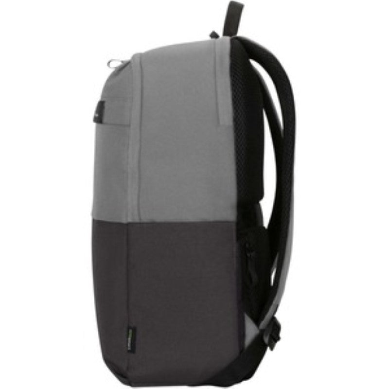 Eco-friendly grey backpack for 15.6" laptops, featuring SafePort protection, ergonomic straps, and a rain cover.