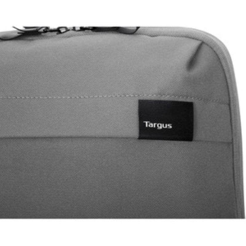 Targus 15.6-inch grey travel backpack with eco-friendly materials, ergonomic design, safety features, and multiple pockets.