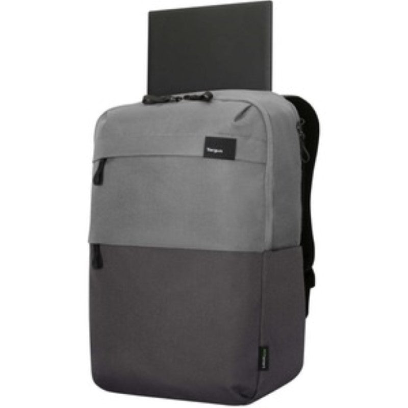 Eco-friendly Targus 15.6IN Sagano Travel Backpack in grey, designed for laptops with safety features and ergonomic support.