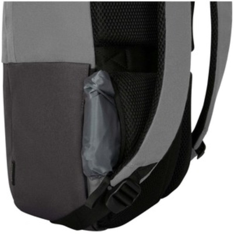 Eco-friendly grey backpack for 15.6" laptops, featuring ergonomic straps, RFID protection, and a rain cover for travel convenience.