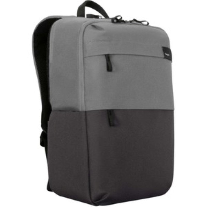 Eco-friendly Targus 15.6" Sagano Travel Backpack in grey, designed for comfort with ergonomic straps and drop protection for laptops.