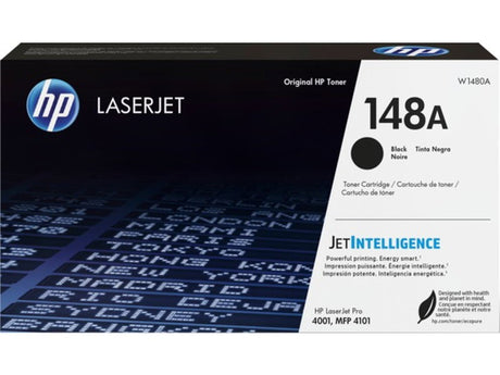 HP 148A Black toner cartridge for LaserJet Pro 4001/MFP 4101, yields 2,900 pages with JetIntelligence tech for sharp prints.