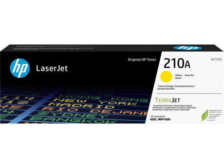 Yellow laser toner cartridge for HP 210A, compatible with several HP Color LaserJet Pro printers, yields 1800 pages.