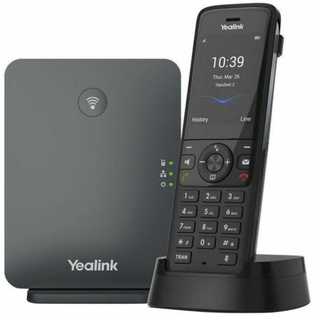 Yealink W78P DECT IP Phone in black, featuring cordless/corded design, noise cancellation, and support for multiple handsets.