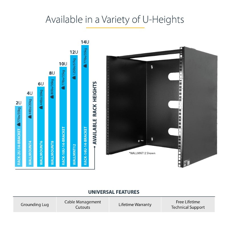 Solid steel 8U wall mount bracket designed for 12-inch equipment, maximizing vertical space for IT networks.