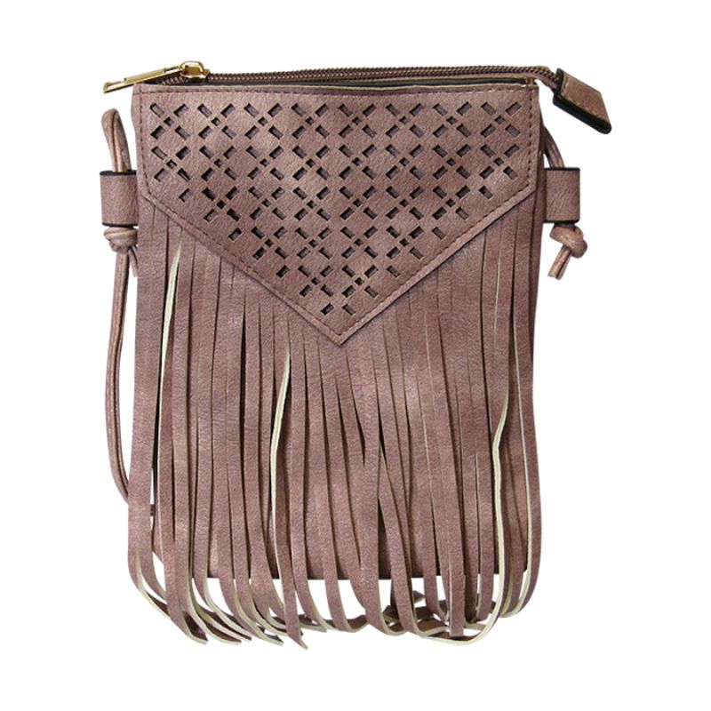 Dusky rose shoulder bag with tassels, PU leather, zip top, back pocket, adjustable strap, stylish and practical for daily use.