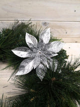 Glitter Poinsettia Flower Head with Clip - Silver