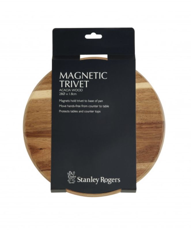 Magnetic Acacia trivet, 28cm, secures cookware for easy serving, protects surfaces, stylish design for home chefs.