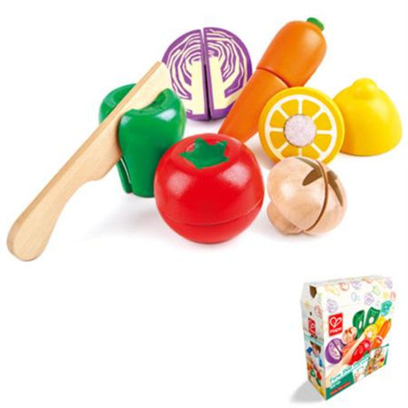 Colorful wooden vegetable play set with self-stick tabs for cutting and realistic role play, designed for kids aged 3 and up.