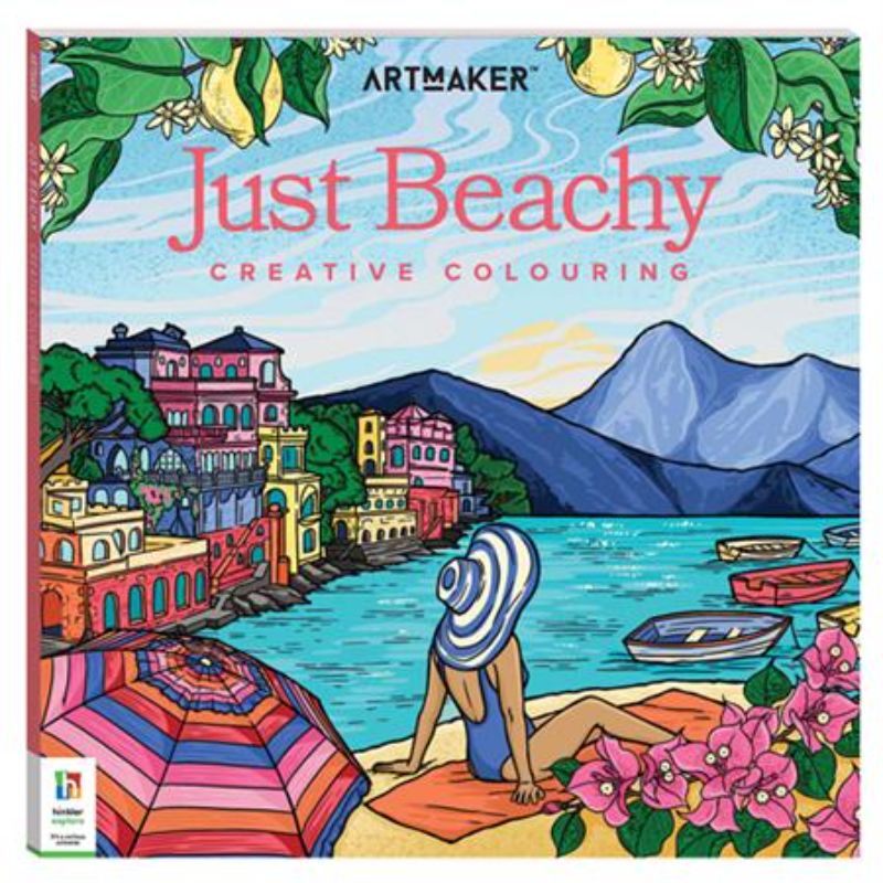 Artmaker Just Beachy Colouring Book showcasing 24 coastal illustrations for relaxation and creativity by the beach.