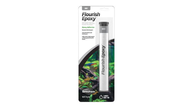 Grey epoxy adhesive for planted aquarium hardscapes, safe for fish and cures fully in 24 hours.