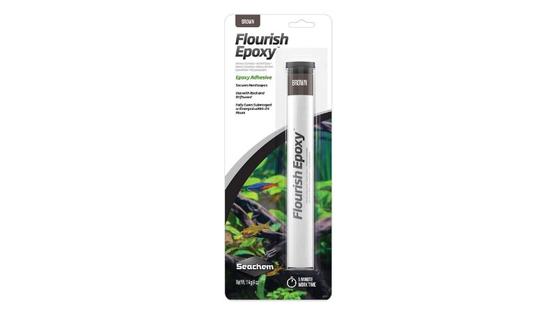 Brown epoxy adhesive for planted aquariums, safely securing rocks and driftwood; cures in 24 hours, 114g tube.