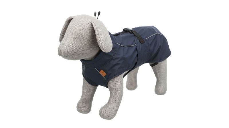 Dark blue dog raincoat with adjustable belly strap, high collar, waterproof zips, and reflective parts for safety.