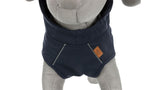 Dark blue dog raincoat with adjustable features, waterproof zips, extra high collar, and reflective parts for safety.