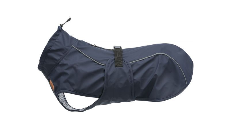 Dark blue dog raincoat with reflective parts, adjustable belly strap, and high collar, designed for small dogs.